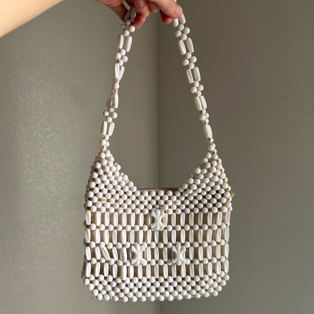 60s 70s Vintage White Beaded Shoulder Bag Mod Coquette Handmade Twee Whimsy
